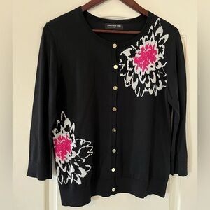 Jones New York Collection Black Long Sleeve Lightweight Floral Sweater Size L